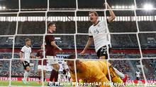 Germany's Thomas Mueller celebrates after scoring his side's third goal against Latvia'a keeper Roberts Ozols during the international friendly soccer match between Germany and Latvia in Duesseldorf, Germany, Monday, June 7, 2021 (AP Photo/Martin Meissner)