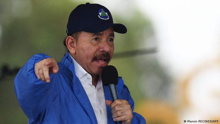 Nicaraguan President Daniel Ortega speaking intro microphone