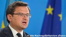 Ukraine's Foreign Minister Dmytro Kuleba speaks during a press conference with German Foreign Minister Heiko Maas, in Berlin, Germany, on Wednesday June 9, 2021. (John Macdougall/Pool via AP)