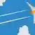 Illustration eines Vogels mit Flügeln eines Flugzeugs und einem Kondensstreifen dahinter fliegt am Himmel