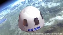 HANDOUT - Diese undatierte Illustration, die von Blue Origin zur Verfügung gestellt wurde, zeigt die Kapsel, mit der die Firma Touristen ins All bringen will. Ein Sitzplatz für den ersten bemannten Weltraumflug einer neuen Raumkapsel der Firma Blue Origin ist für 28 Millionen US-Dollar versteigert worden. Der Flug mit der Rakete «New Shepard» soll am 20. Juli stattfinden. +++ dpa-Bildfunk +++