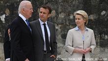 G7 Summit. (left to right) US President Joe Biden, President of France Emmanuel Macron and European Commission Ursula von der Leyen after the leaders official welcome and family photo, during the G7 summit in Cornwall. Picture date: Friday June 11, 2021. See PA story POLITICS G7. Photo credit should read: Leon Neal/PA Wire URN:60304707