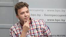 Jailed Belarus journalist Roman Protasevich takes part in a press conference about the forced landing of the Ryanair passenger plane on which he was travelling, in Minsk, Belarus June 14, 2021. Ramil Nasibulin/BelTA/Handout via REUTERS ATTENTION EDITORS - THIS IMAGE WAS PROVIDED BY A THIRD PARTY. NO RESALES. NO ARCHIVES