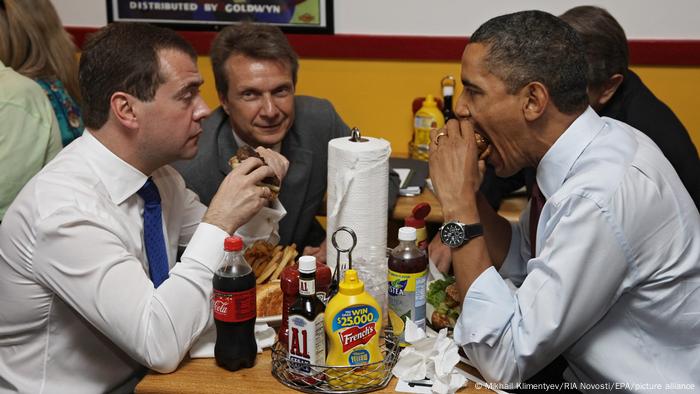 Dmitry Medvedev and Barack Obama at the president's favorite burger joint in Arlington