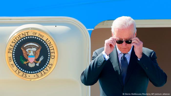 Biden in sunglasses arriving on Air Force One plane 