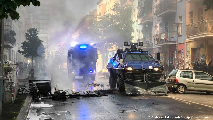 Police tactical vehicles on Rigaer Strasse, Berlin, Friedrichshain 