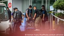 Police Officers are seen carrying out servers while leaving the headquarters of the Apple Daily newspaper and its publisher Next Digital Ltd. in Hong Kong, China, on Thursday, June 17, 2021. Hong Kong's national security police arrested five executives of the pro-democracy Apple Daily newspaper for suspected breaches of the national security law, local news outlets reported Thursday, as the government escalated its campaign against well-known activist and media tycoonÂ Jimmy Lai. (Photo by Vernon Yuen/NurPhoto)