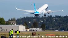 The final version of the 737 MAX, the MAX 10, takes off from Renton Airport in Renton, WA on its first flight Friday, June 18, 2021. The plane will fly over Eastern Washington and then land at Boeing Field (Ellen M. Banner/The Seattle Times via AP, Pool)
