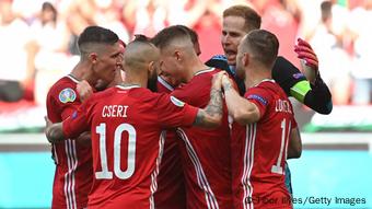 Hungary's footballers celebrate the goal they scored against the French on June 19 Hungary's footballers celebrate the goal they scored against the French on June 19