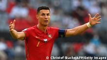 Portugal's forward Cristiano Ronaldo reacts during the UEFA EURO 2020 Group F football match between Portugal and Germany at Allianz Arena in Munich, Germany, on June 19, 2021. (Photo by CHRISTOF STACHE / POOL / AFP) (Photo by CHRISTOF STACHE/POOL/AFP via Getty Images)