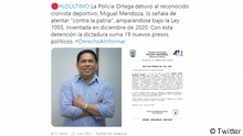 Miguel Mendoza, periodista deportivo nicaragüense detenido por el régimen de Daniel Ortega.