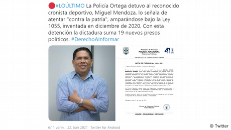 Miguel Mendoza, periodista deportivo nicaragüense detenido por el régimen de Daniel Ortega. (Captura de pantalla de un tuit de Artículo66.com).