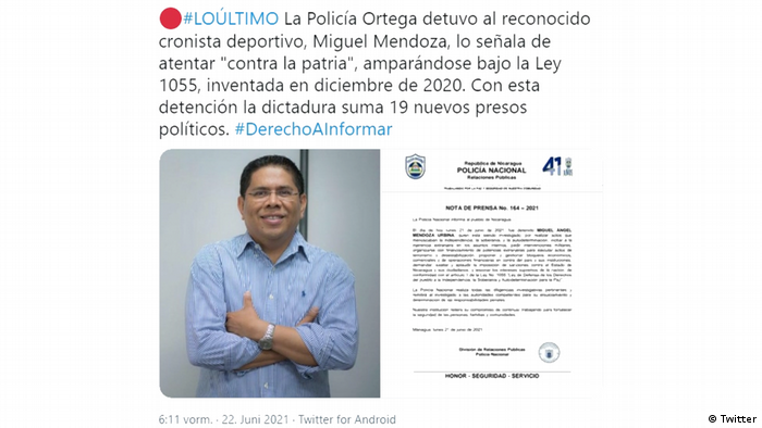 Miguel Mendoza, periodista deportivo nicaragüense detenido por el régimen de Daniel Ortega. (Captura de pantalla de un tuit de Artículo66.com).