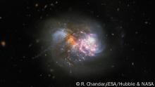 A cataclysmic cosmic collision takes centre stage in this Picture of the Week. The image features the interacting galaxy pair IC 1623, which lies around 275 million light-years away in the constellation Cetus (The Whale). The two galaxies are in the final stages of merging, and astronomers expect a powerful inflow of gas to ignite a frenzied burst of star formation in the resulting compact starburst galaxy.  This interacting pair of galaxies is a familiar sight; Hubble captured IC 1623 in 2008 using two filters at optical and infrared wavelengths using the Advanced Camera for Surveys. This new image incorporates new data from Wide Field Camera 3, and combines observations taken in eight filters spanning infrared to ultraviolet wavelengths to reveal the finer details of IC 1623. Future observations of the galaxy pair with the NASA/ESA/CASA James Webb Space Telescope will shed more light on the processes powering extreme star formation in environments such as IC 1623.