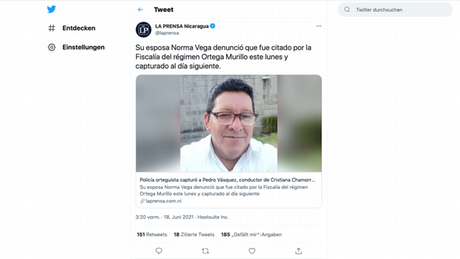 Pedro Vásquez, conductor de Cristiana Chamorro. (Captura de pantalla de un tuit del diario La Prensa, de Nicaragua).