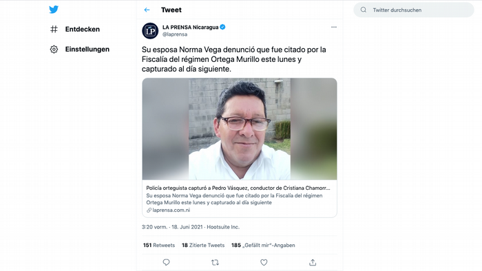 Pedro Vásquez, conductor de Cristiana Chamorro. (Captura de pantalla de un tuit del diario La Prensa, de Nicaragua).