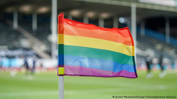 File photo: A rainbow flag on a football pitch. 
