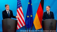 Secretary of State Antony Blinken, left, accompanied by German Minister of Foreign Affairs Heiko Maas, right, speaks at a news conference at the Ministry of Foreign Affairs in Berlin, Wednesday, June 23, 2021. Blinken begins a week long trip in Europe traveling to Germany, France and Italy. (AP Photo/Andrew Harnik, Pool)
