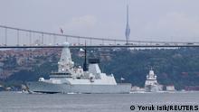 FILE PHOTO: Royal Navy's Type 45 destroyer HMS Defender sets sail in the Bosphorus, on its way to the Black Sea, in Istanbul, Turkey June 14, 2021. REUTERS/Yoruk Isik/File Photo