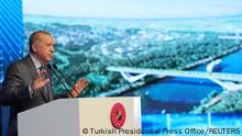 Turkish President Tayyip Erdogan speaks during the groundbreaking ceremony of Sazlidere Bridge over the planned route of Kanal Istanbul, in Istanbul, Turkey June 26, 2021. Presidential Press Office/Handout via REUTERS ATTENTION EDITORS - THIS PICTURE WAS PROVIDED BY A THIRD PARTY. NO RESALES. NO ARCHIVE.
