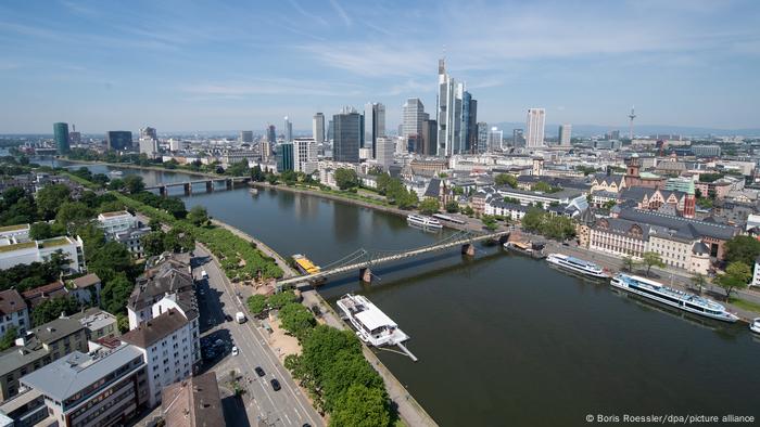 Skyline of Frankfurt am Main with the River Main at the center of the image