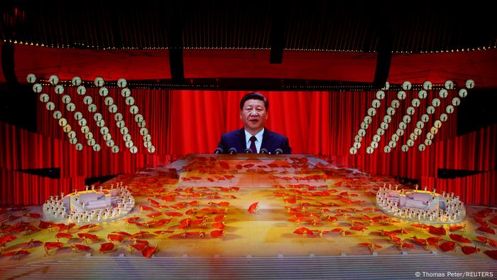 President Xi Jinping on a giant screen at an event to mark the 100th anniversary of the founding of the Communist Party of China