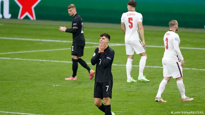 Kai Havertz covers his mouth after his shot was deflected over the crossbar