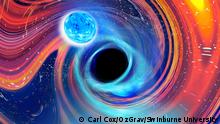 An artist’s impression of a neutron star and black hole merging. Credit: Image by Carl Cox, OzGrav/Swinburne University