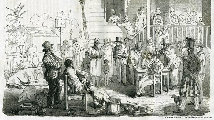 Vente de négresses, une gravure d'après une illustration parue en 1842 au sujet du Surinam (Musée des familles Vente de négresses, une gravure d'après une illustration parue en 1842 au sujet du Surinam (Musée des familles