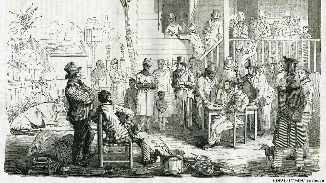 Σκλαβοπάζαρο στο Σουρινάμ (Γκραβούρα, 1842) 