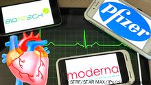 Photo by: STRF/STAR MAX/IPx 2021 6/26/21 FDA adds warning about rare heart inflammation side effects to the literature that accompanies Pfizer/BioNTech and Moderna COVID vaccine shots. STAR MAX File Photo: 6/26/21 Pfizer, Moderna and BioNTech logos photographed off of multiple Apple devices.
