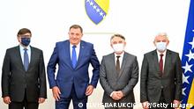 US government's special envoy for Western Balkans Matthew Palmer (L) poses with members of Bosnia and Herzegovina's tripartite presidency, Milorad Dodik (2nd L), Zeljko Komsic (2nd R) and Sefik Dzaferovic (R) in Sarajevo on July 5, 2021 as Palmer held several meetings with national political leaders in Bosnia as well as state officials. (Photo by ELVIS BARUKCIC / AFP) (Photo by ELVIS BARUKCIC/AFP via Getty Images)