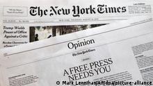 16.08.2018, USA, New York: Ein Leitartikel in der New York Times trägt den Titel A Free Press Needs You (Eine freie Presse braucht dich). Mit einer großangelegten Kampagne wehren sich Hunderte Zeitungen in den USA gegen die ständigen Angriffe von Präsident Trump. In Leitartikeln bezogen sie Position gegen die Anschuldigung Trumps, Falschnachrichten zu verbreiten und «Feinde des Volkes» zu sein. Foto: Mark Lennihan/AP/dpa +++ dpa-Bildfunk +++