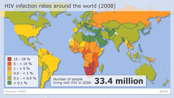 Map showing HIV infection rates around the world
