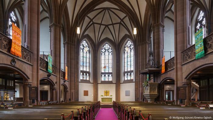 Nigerian tapestries seen hanging in the Dreikönigskirche in Frankfurt's Sachsenhausen borough