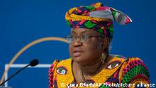 Ngozi Okonjo-Iweala, Director General of the World Trade Organization and former Foreign and Finance Minister of Nigeria, delivers her speech during a panel at a G20 Economy and Finance ministers and Central bank governors' meeting in Venice, Italy, Friday, July 9, 2021. (AP Photo/Luca Bruno)
