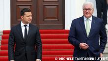 German President Frank-Walter Steinmeier welcomes Ukrainian President Volodymyr Zelenskiy at the Bellevue palace in Berlin, Germany, July 12, 2021. REUTERS/Michele Tantussi