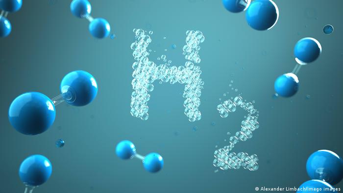 H2 escrito sobre un fondo verde junto a imágenes de moléculas en color azul.