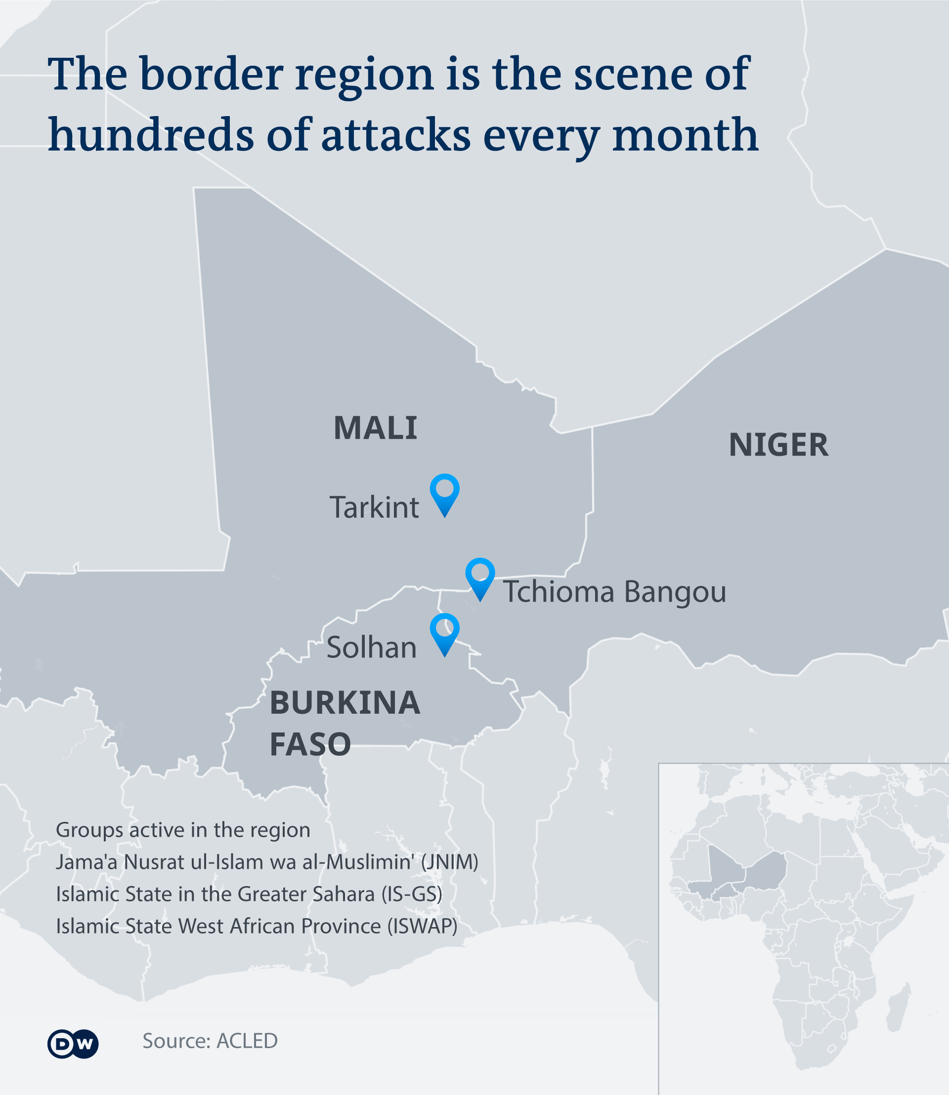 Map showing the Burkina Faso, Mali and Niger where Islamist groups have been carrying out deadly attacks in recent years