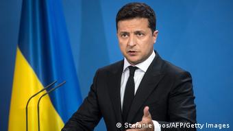 Ukraine's President Zelenskyy speaks at a press conference during a visit in Berlin