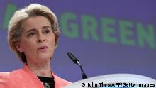 European Commission President Ursula von der Leyen unveils proposals to govern transition to low carbon economy dubbed European Green Deal during a press conference at the EU Parliament in Brussels on July 14, 2021. (Photo by JOHN THYS / AFP) (Photo by JOHN THYS/AFP via Getty Images)