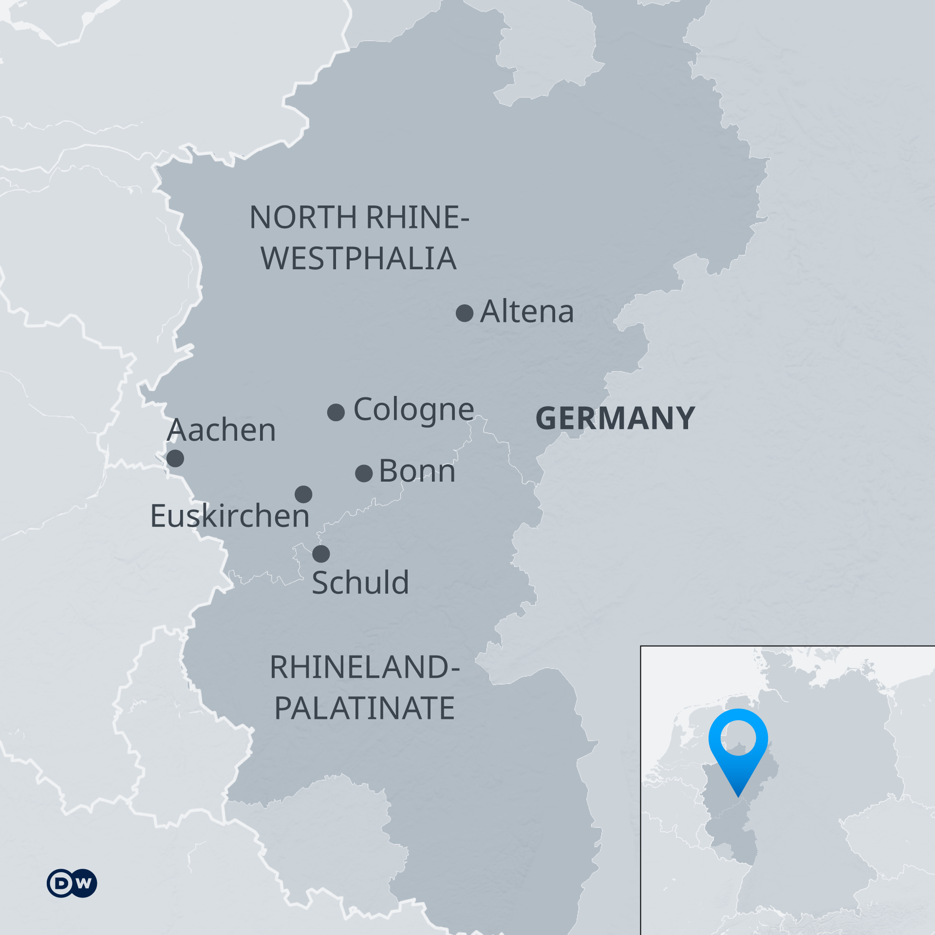 An infographic showing the areas most affected by the floods, in North Rhine-Westphalia and Rhineland-Palatinate.