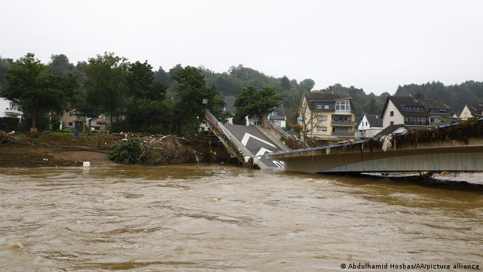 A view of flood devastated area with a collapsed bridge after severe rainstorm and flash floods hit Rhineland-Palatinate.