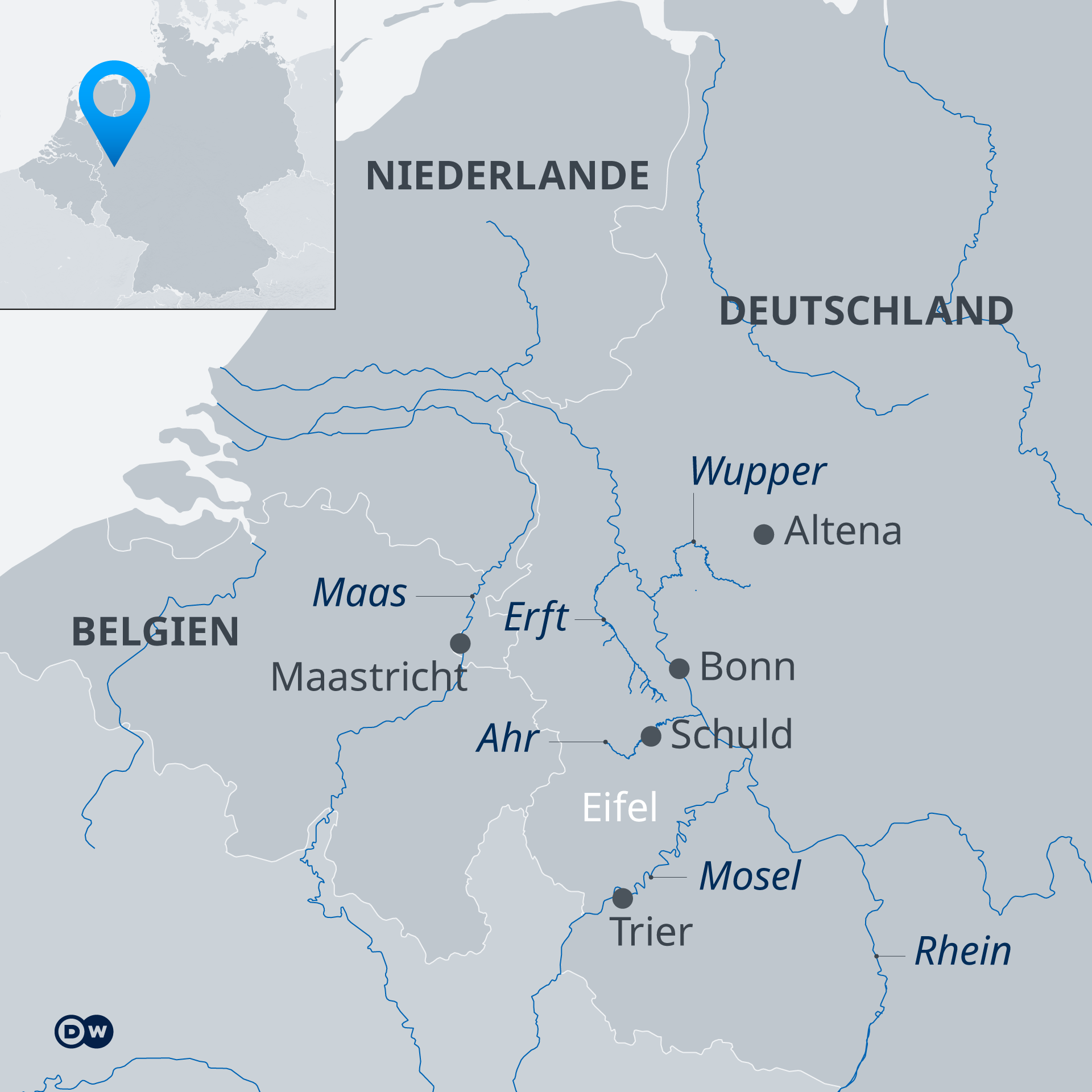 Karte Infografik Überschwemmungen im Westen Deutschlands DE