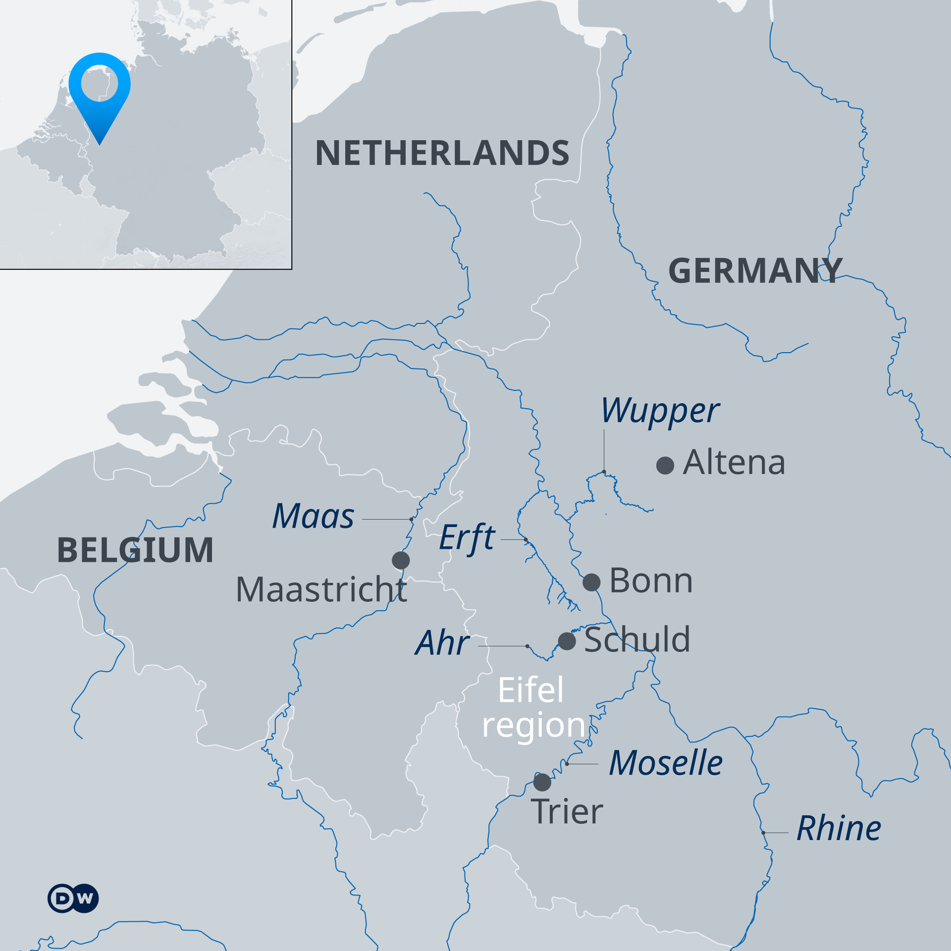 Infographie montrant les régions touchées par les inondations en Allemagne de l'Ouest, en Belgique et aux Pays-Bas