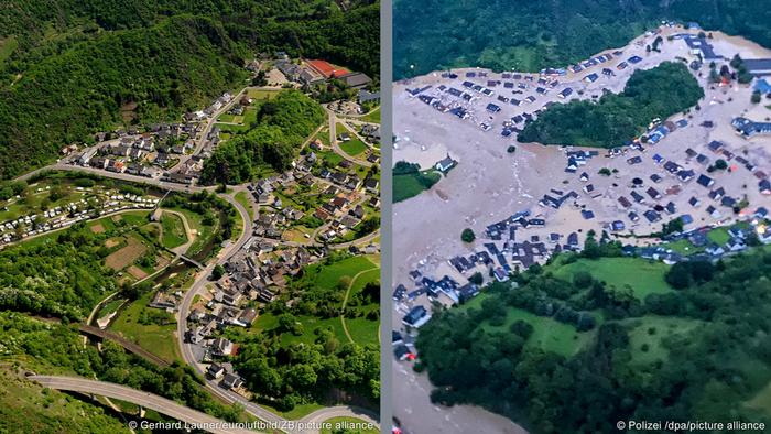 Une comparaison aérienne côte à côte d'Altenburg, en Allemagne, avant et pendant les inondations de juillet 2021