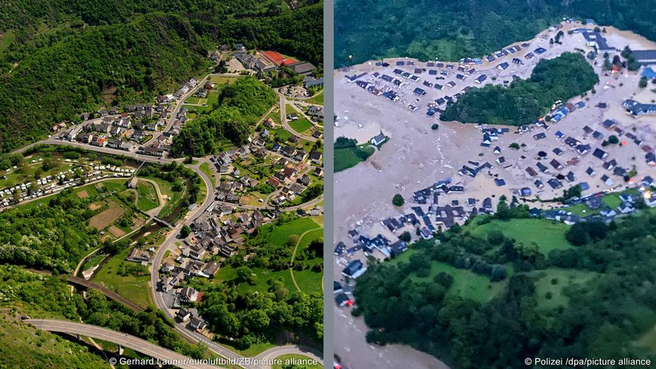 Before and after flooding: aerial photos of Altenahr, Altenburg, Germany 
