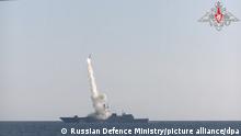 6598729 19.07.2021 In this handout video grab released by the Russian Defence Ministry, a Tsirkon (Zircon) hypersonic cruise missile is fired from the Admiral Gorshkov ship, in the White Sea, Russia. Editorial use only, no archive, no commercial use. Russian Defence Ministry