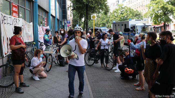 Gorillas riders at a protest rally in Berlin in 2021