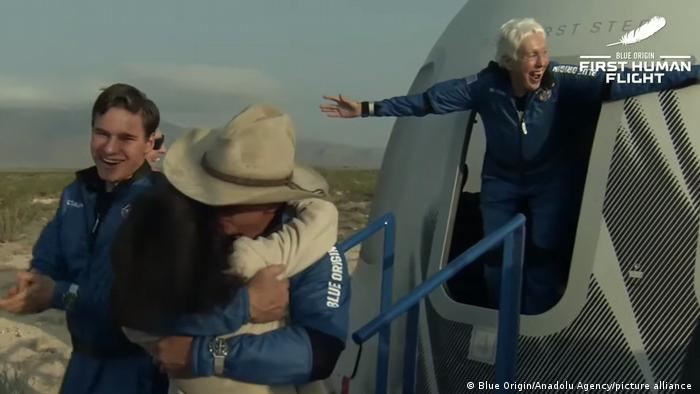 Jeff Bezos and crew after a suborbital flight